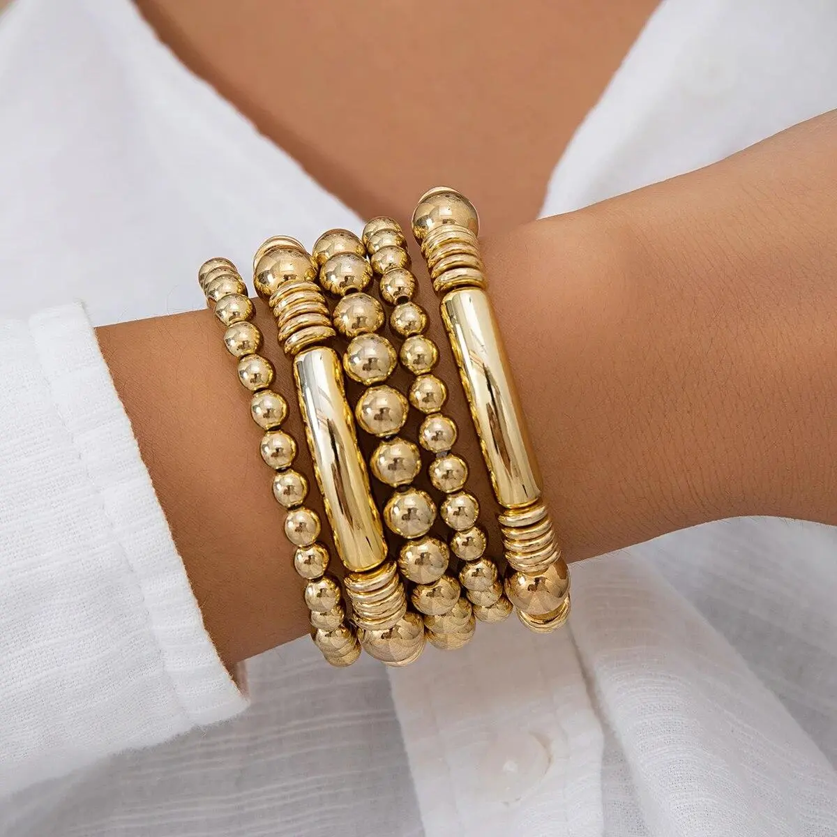 JEWEL-US - 5Pcs/Set Punk Vintage Gold Color Round Beads Bracelets for Women Exaggerated Big Ball Elastic Charm Bangles HipHop Party Jewelry