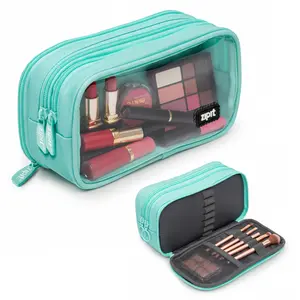 ZIPIT Half & Half Makeup Bag | Wide-Open Travel Cosmetic Organizer Pouch with 3 Compartments | Compact Portable Makeup Brush & Lipstick Storage Bag | Transparent Front Zipper Organizer for Women