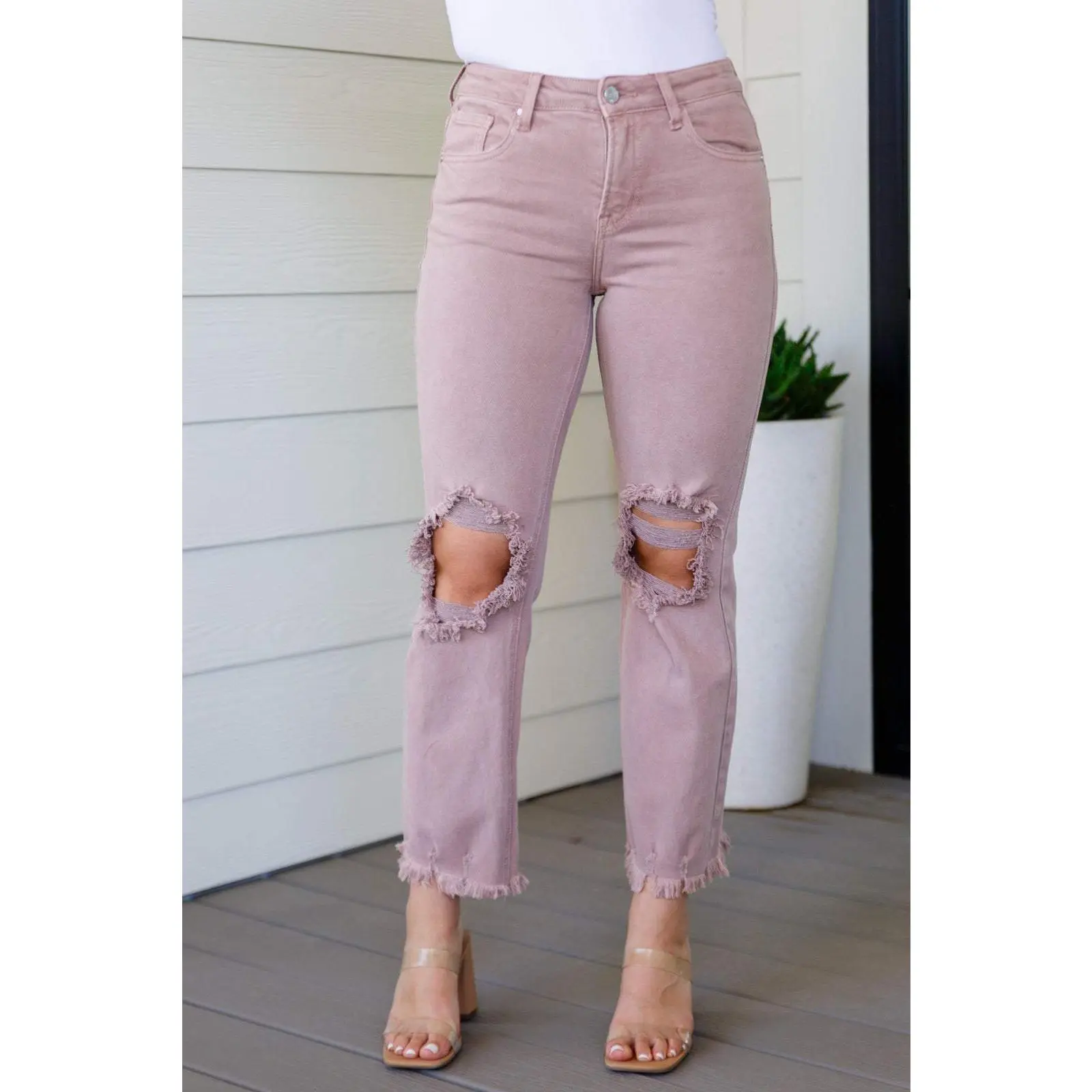 Babs High Rise Distressed Straight Jeans in Mauve