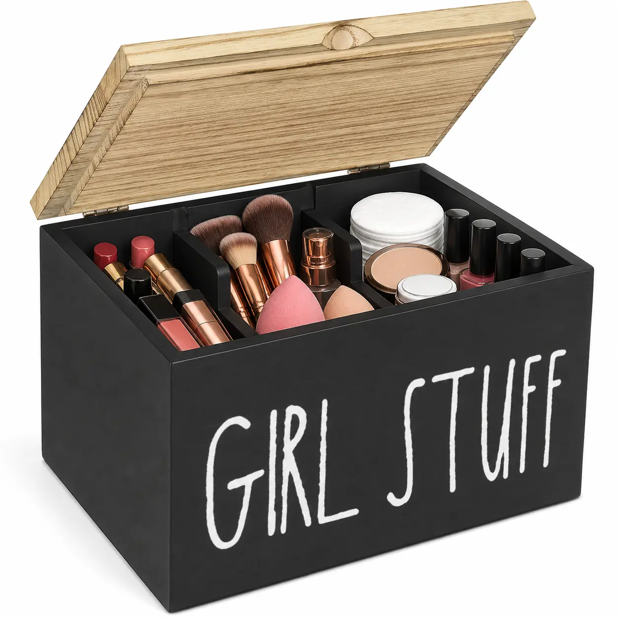 Modern Wooden Decorative Makeup Organizer Box with Lid, 3-Compartment Storage with Removable Dividers, Vanity Holder for Beauty Products, Skincare, Bathroom Counter