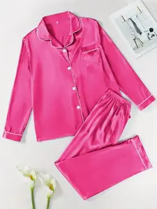 Two-Piece Set Women's Solid Contrast Binding Satin Pyjamas, Long Sleeve Lapel Button Front Shirt & Elastic Waist Pants PJ Set, Casual Comfortable Sleepwear Set for Women Pajamas