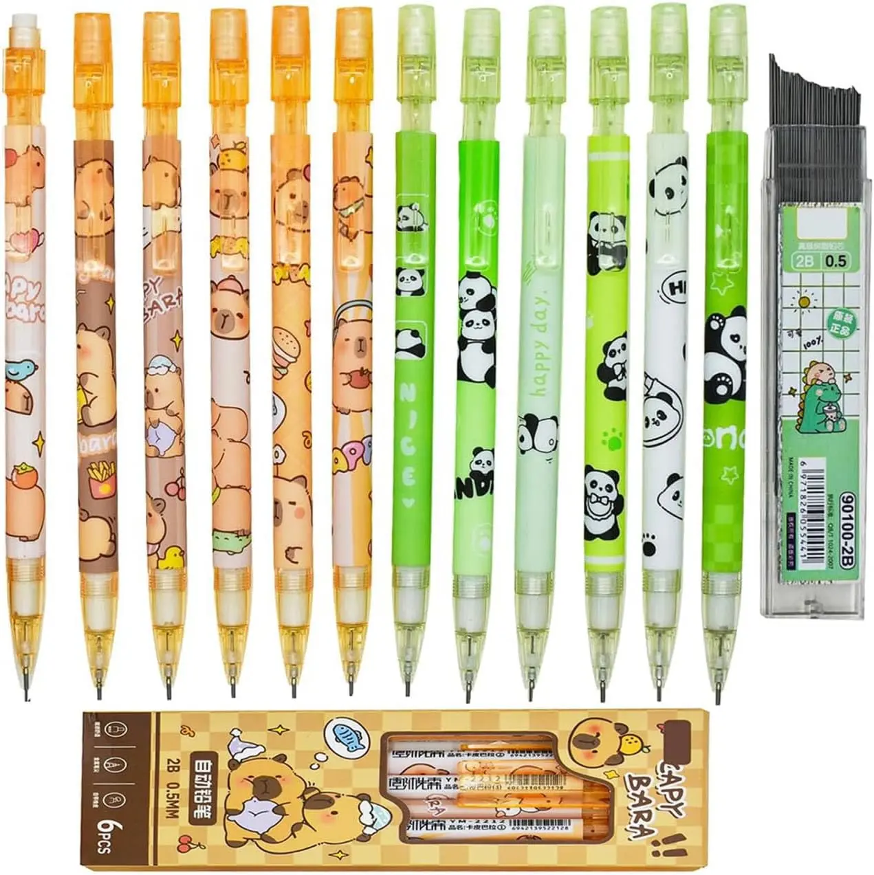 12Pcs Capybara Panda Mechanical Pencils with 100Pcs 2B Refills | Cute Cartoon Animal Auto Pencil with Eraser 0.5 mm Lead Refill For Drawing Homework Stationery Supplies