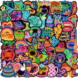 60 Cartoon Neon Stickers, DIY Waterproof Decals for Guitar, Notebook, Luggage, Flat Sticker Type, No Ca Prop 65 Compliance