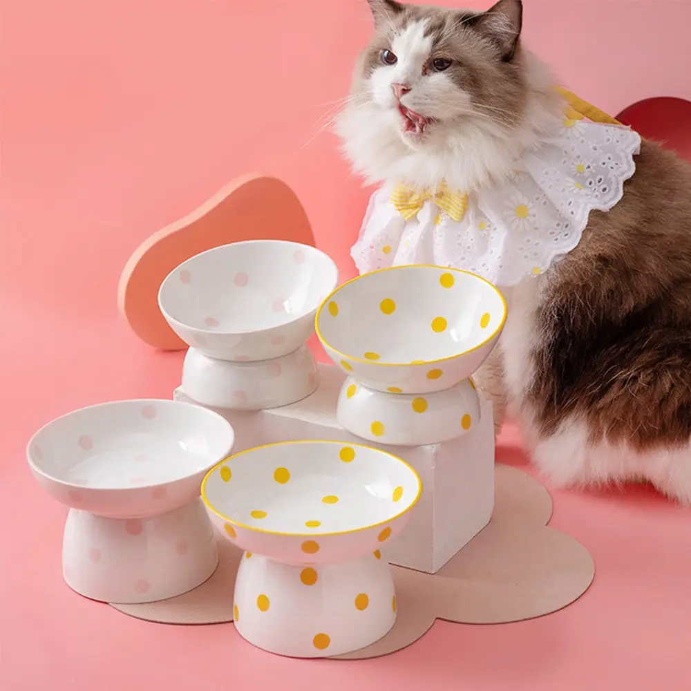 Pet Ceramic Feeding Bowl Mushroom Polka Dot Design, Easy to Clean Ceramic Material, Cat and Dog Eating Bowl with Silicone Spoon, Gift Idea