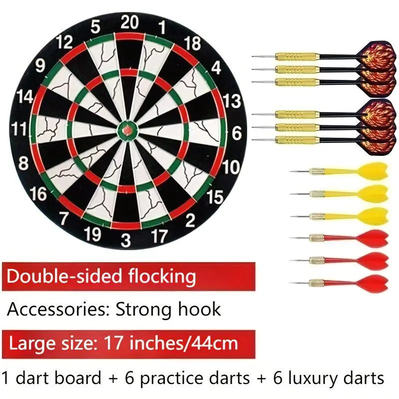 17-Inch Dart Target Set, Thick Double-Sided Flocking, Solid Alloy Frame, with 6 Practice Darts And 6 Luxury Darts, Suitable for Casual Games, Family Entertainment, Professional Competitions, Office Decompression