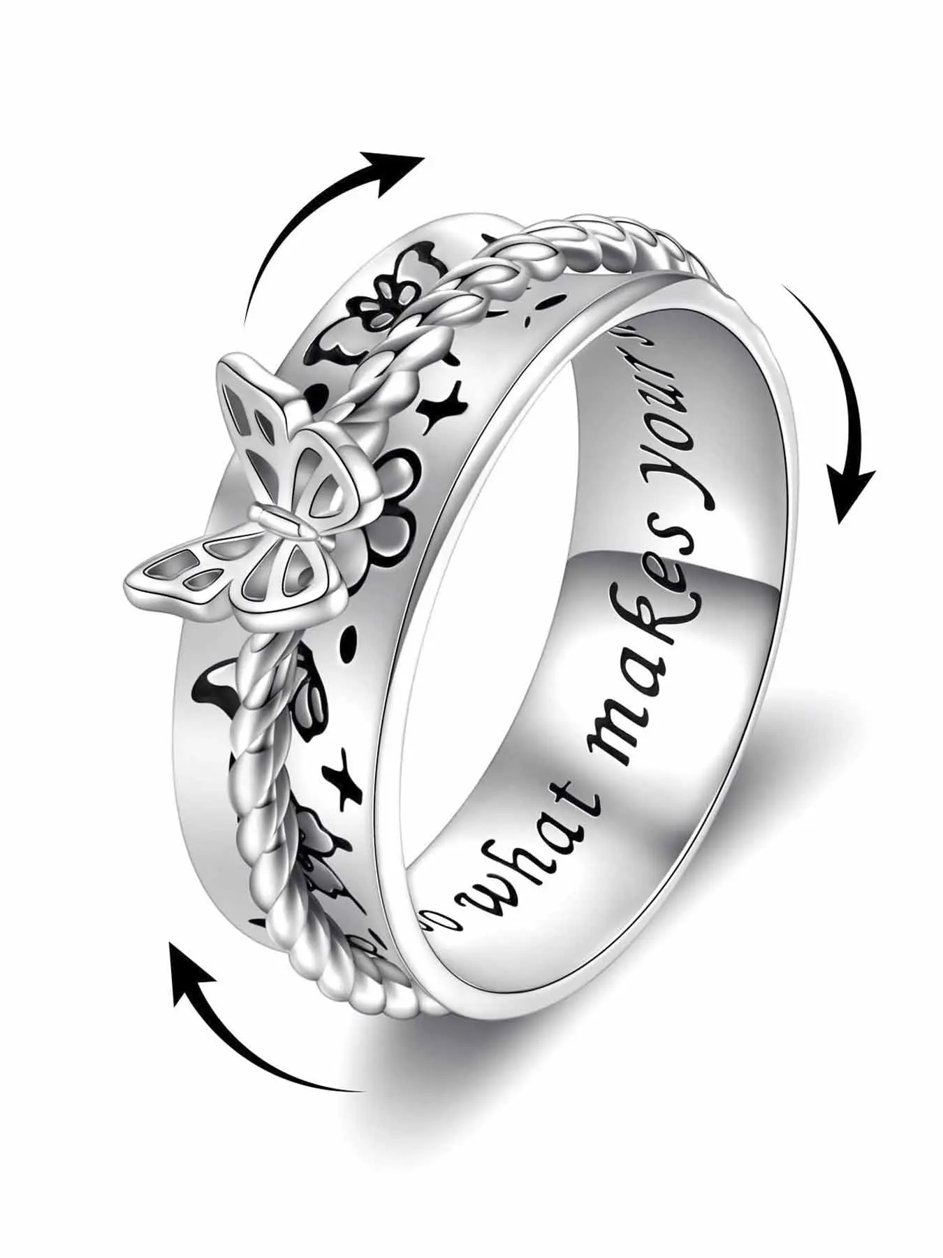 Butterfly Rotation Stress Relief Ring, Women's Vintage Silver Color Open Ring, Adjustable Anti-Oxidation, Perfect Gift for Birthday, Adjustable Butterfly Rings