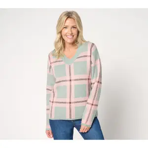AnyBody Plaid Intarsia V-Neck Sweater