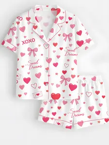 Valentine Heart Satin Pajama Set for Women, Pink XOXO Button Up Sleepwear, Romantic Silky Pajamas, Cute Heart Print Lounge Set, Cozy Valentine Gift for Her, Soft Satin PJs