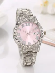 Men's and Women's Quartz Watch, Pink Dial with Alloy Band, Casual Roman Numerals Calendar Watch, Stylish Business Watch, Ideal Gift for Him (Father's Day, Valentine's Day, Christmas), Casual and Stylish Wristwatch, Rhinestones Decor Wristwatch