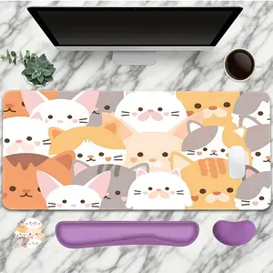 4PC Colorful Cat Pattern Mouse Pad With Wrist Support Set, For Women Large Gaming Mouse Pads Desk Mat, 2D HD Print Non-Slip Rubber Base, Size XXL Keyboard Pad Mouse Mat Suitable Office And Home, Mouse Pad For Desk, Cute Mouse Pad