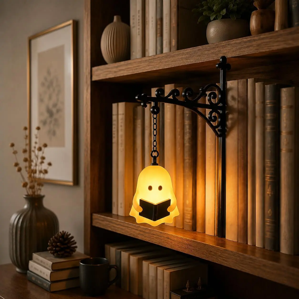 Library Lantern Bookshelf Lamp – Warm LED Light for Reading Nook, Bookcase Decor & Halloween Home Decor