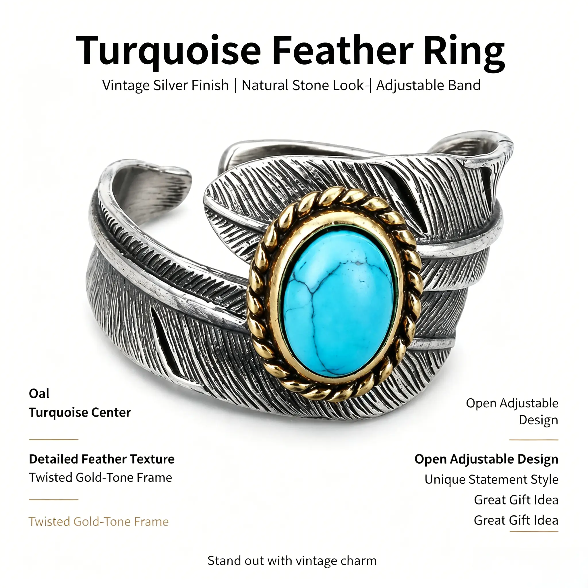 2-Tone Vintage Feather Turquoise Open Adjustable Ring - Old Country Vintage Rings, Copper Oxidized Silver Gold Bezel, Western Tribal Boho Stackable Jewelry Gift for Women