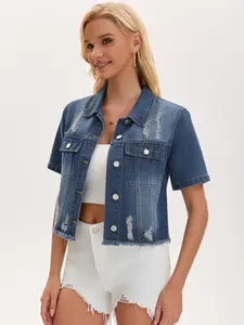 INSPIRE CHIC Women's Short Sleeve Denim Jacket Button Up Ripped Frayed Cropped Jean Jacket