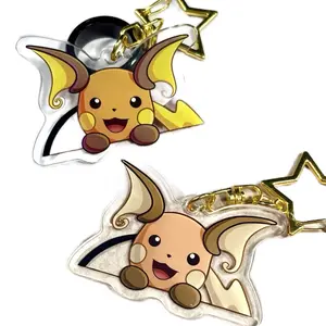 Double-Sided Pokemon Shiny Raichu Keychain - Acrylic D Shape with Orange & Yellow Design, Gold Heart Clasp, Durable for Everyday Use
