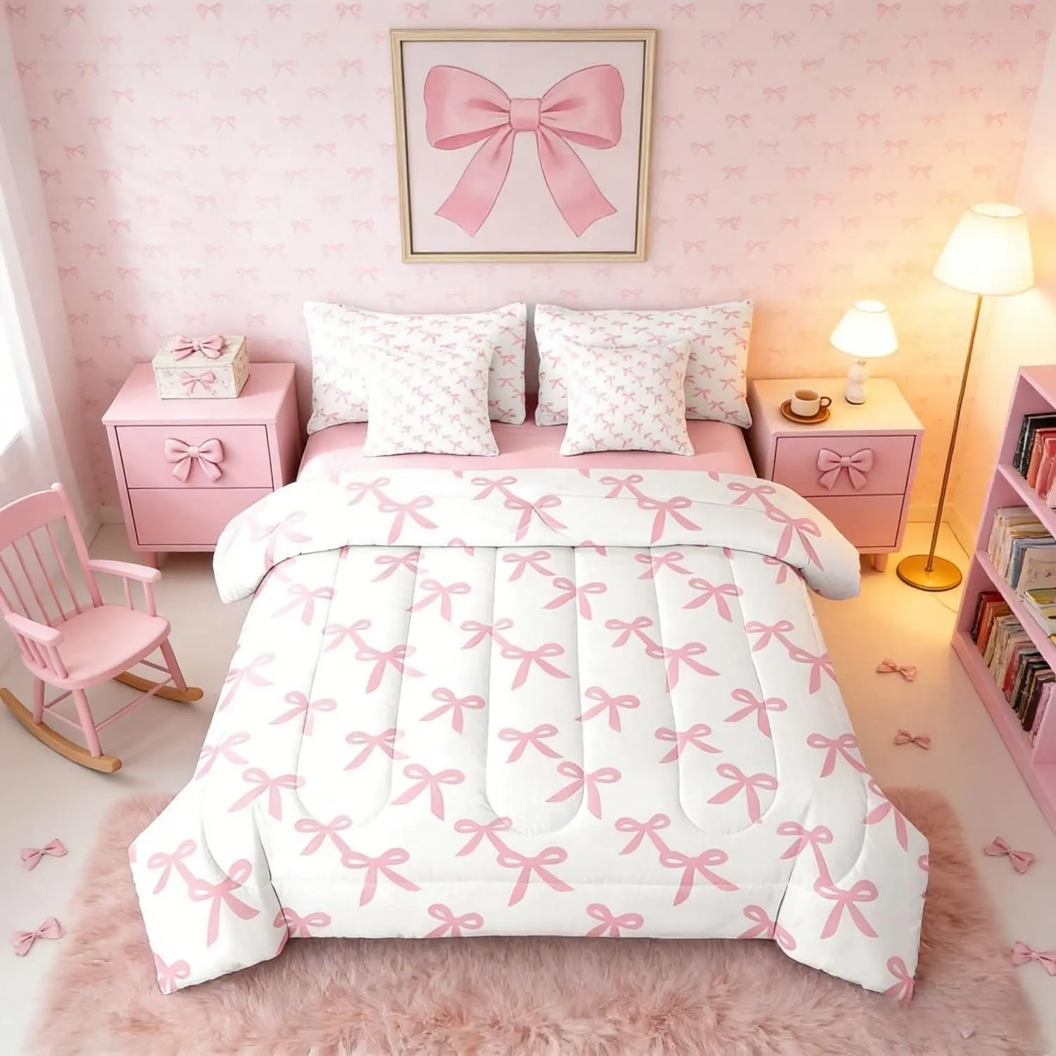 Feelyou Girls' 7-Piece Pink Preppy Princess Bedding Set - Breathable Comforter, Bed Sheets, Bowknot Blanket, Coquette Room Decor, Blanket for Daughters (Gifts for Father's Day, Valentine's Day, Housewarming)