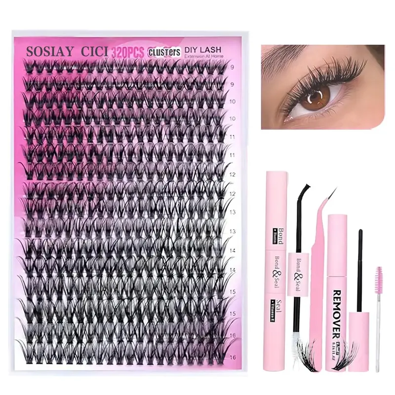 SOSIAY CICI DIY Eyelash Clusters Kit, 320pcs Separate Lashes with 9-16mm Mixed Length D Curl Fluffy Lash Clusters, Tweezers, Glue & Bond Seal for Beginners (Easy Application & Removal)