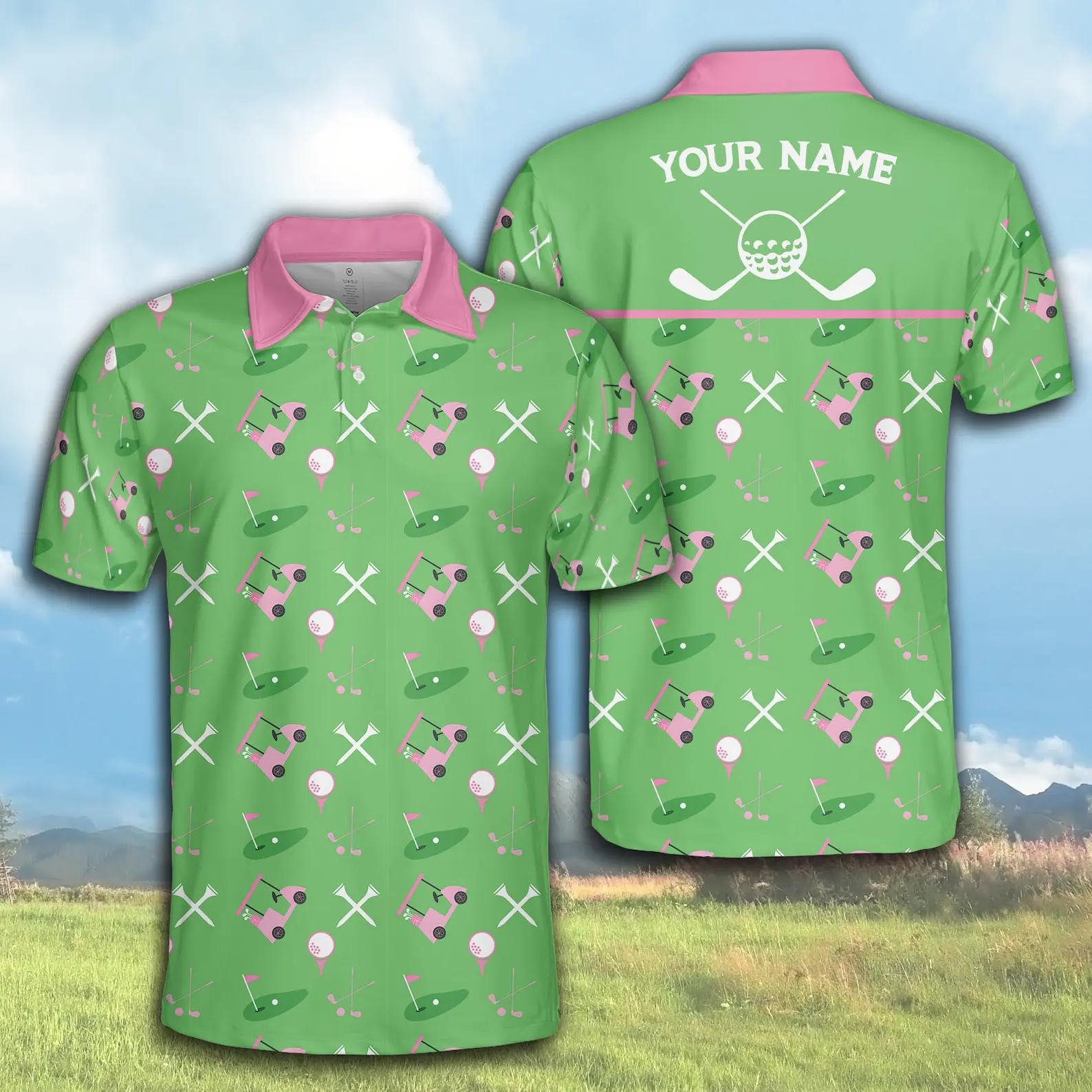 Personalized Name Golf Polo Shirt, Custom Color Argyle Short Sleeve Polo Shirt With Golf Icons, Golf Team Matching Polo Shirt For Golf Lover
