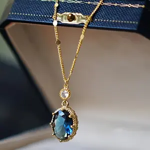 Women's Fashion Pendant Necklace – Vintage Luxury Blue Zirconia Pendant, High-End Jewelry for Banquets, Parties, and Casual Wear, Elegant Necklace for Ladies