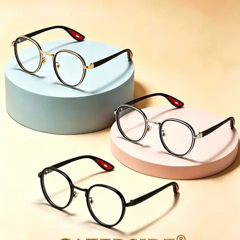 CATERSIDE 1/2/3 Vintage Gold-Rimmed Round Plain Glasses, Casual Stylish Glasses, Glasses Fashion, Vintage Eyeglasses, with TR Frame, Minimalist Design, Unisex, Suitable for Music Festivals, Street Photography