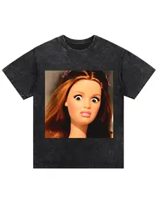 Vintage Washed Grey Oversized T-Shirt with Barbie Doll Face Print – Casual Wear, Stylish Cotton Tee for Men and Women, Perfect for Daily Outfits, Streetwear, All-Season Essential, Comfortable and Versatile for Layering or Wearing Alone