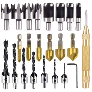 SnapFixMate 23-Pack Woodworking Chamfer Drilling Tool, 6pcs 1/4" Hex 5 Flute 90 Degree Countersink Drill Bits, 7pcs Three Pointed with L-Wrench, 8PCS Wood Plug Cutter, and Automatic