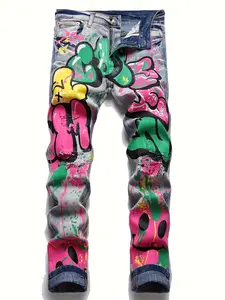 Graffiti Street Art Style, Colorful Mixed Print Design, Mid-Rise Slim Fit Straight Leg, Machine Washable For All Seasons, Classic Five-Pocket Style, Essential Men'S Faux Denim Pants For Hip Hop Y2K Party Outfits, Hip Hop Y2K Clothing & Accessories,