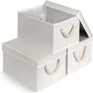 Set of 3 Fabric Bins for Organization - Foldable & Stackable With Lid & Rope Handles - Collapsible Fabric  Cubes Lightweight & Sturdy Bottom, Space Saving Collapsible Bin,