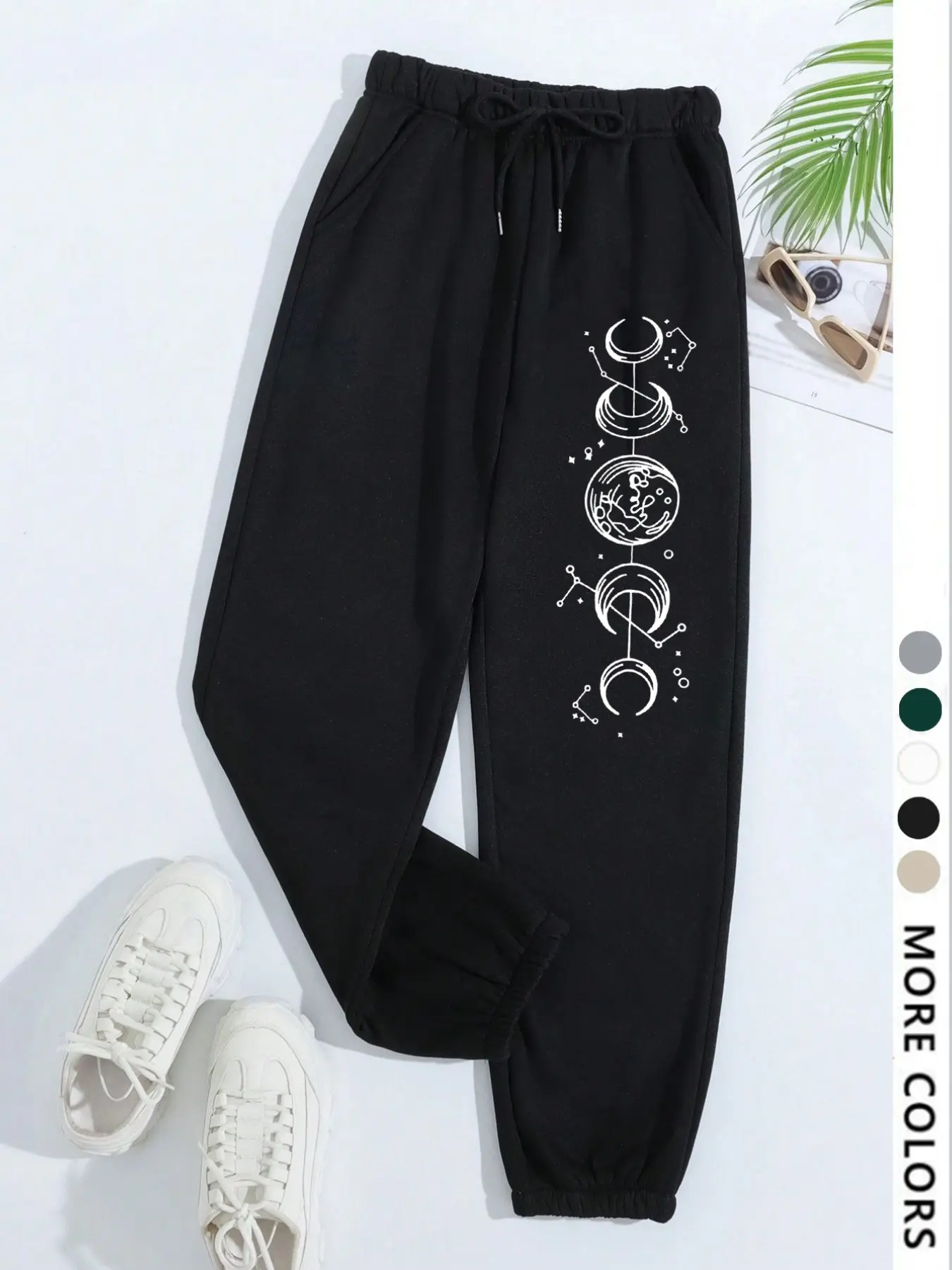 Women's Casual Sporty Pants, Moon Print Cuffed Sweatpants, Drawstring Ankle Cuffs, Loose-Fitting Long Pants, All Seasons Fashion, Sports Bottoms, Casual Sportswear Pants, Adjustable Drawstring Sweatpants, Graphic Print Sweatpants
