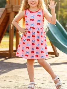 Girls Sweet Pink Cherry Print Tank Sundress with Bow Pattern Soft Stretch A Line Dress Casual Vacation Party Activewear Sleeveless Dress