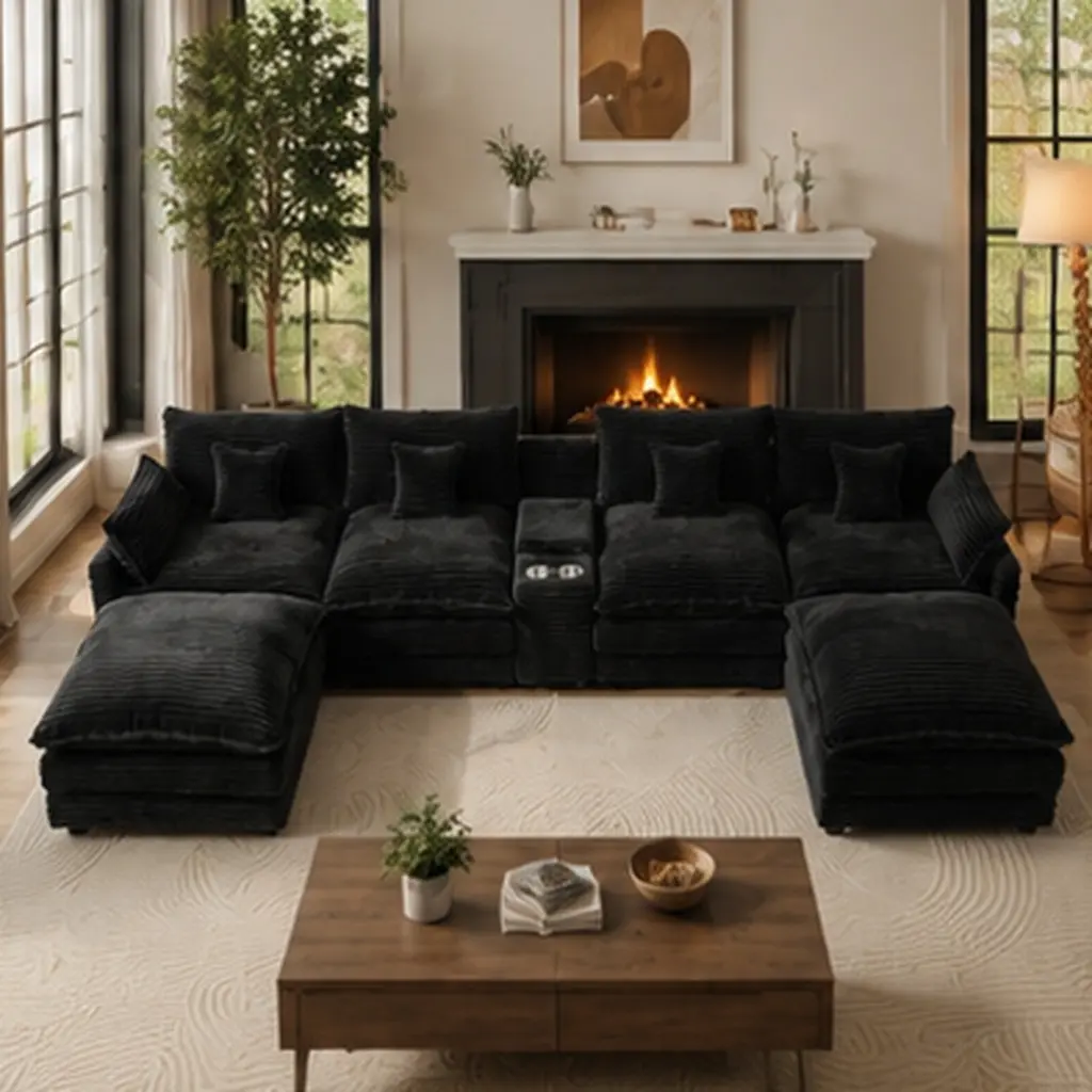145" U Shaped Cloud Couch Sectional, Oversized Black Corduroy Modular Sofa, Large Comfy Fluffy 6 Seat Sectional Sofa Set with Console USB Port, Pillow Top Arms, Wood Frame, Foam Filled Living Room Furniture, Black Color Options