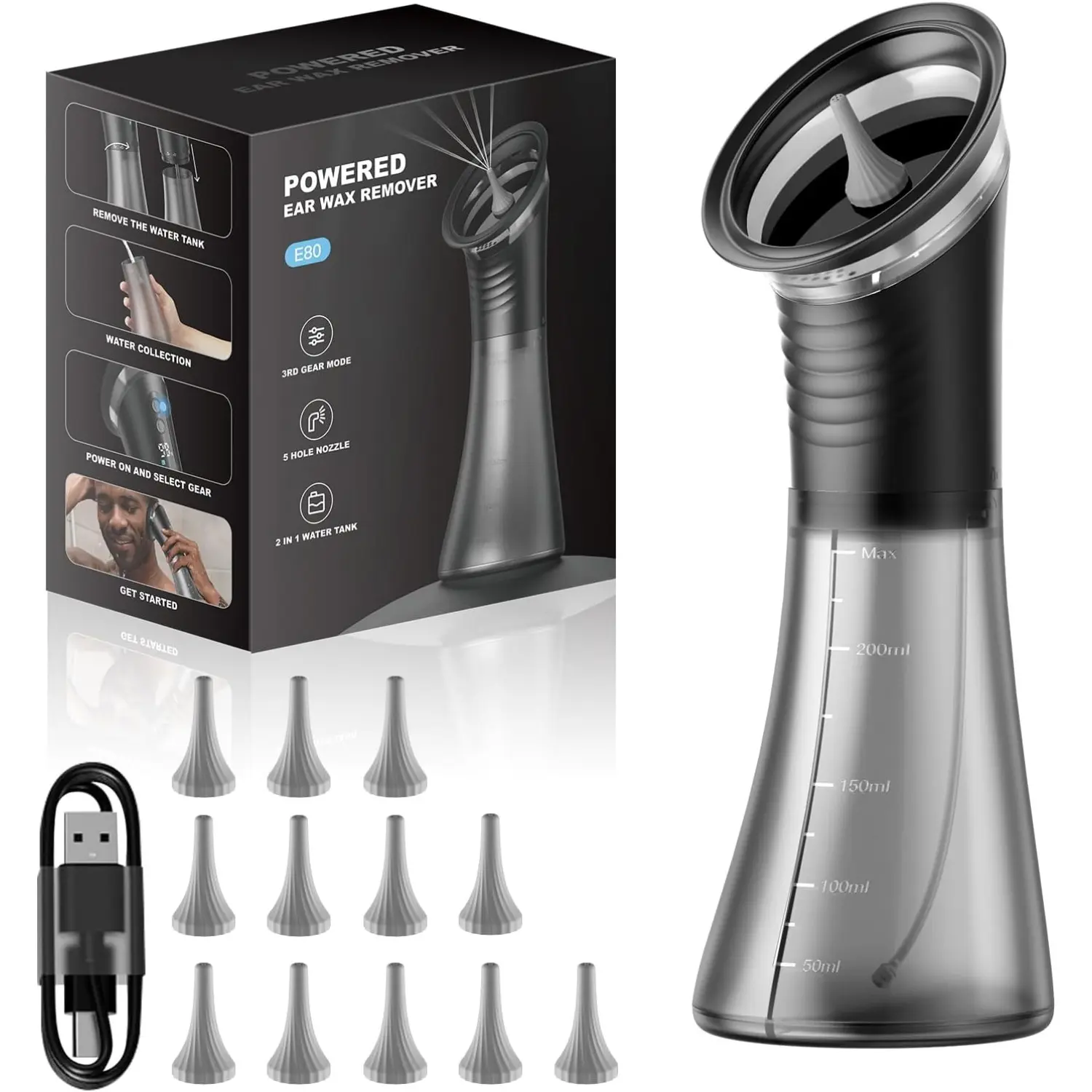 [DealsForYouDays] E80-Single Upgraded 2-in-1 Earwax Removal Tool, Rechargeable Ear Irrigation Kit with IP67 Waterproof, 4 Pressure Settings, Integrated Water Tank, Use Warm Water, Gentle Removal, Safe Ear Cleaning Tool