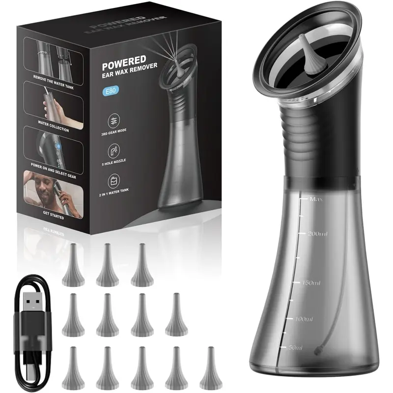 E80-Single Upgraded 2-in-1 Earwax Removal Tool & Ear Canal Cleaner, Rechargeable Irrigation Kit, IP67 Waterproof, 3 Pressure Modes, Integrated Tank, Warm Liquid Compatible, Gentle Massage, Built-In Waste Tank, Easy Maintenance, Ear Irrig