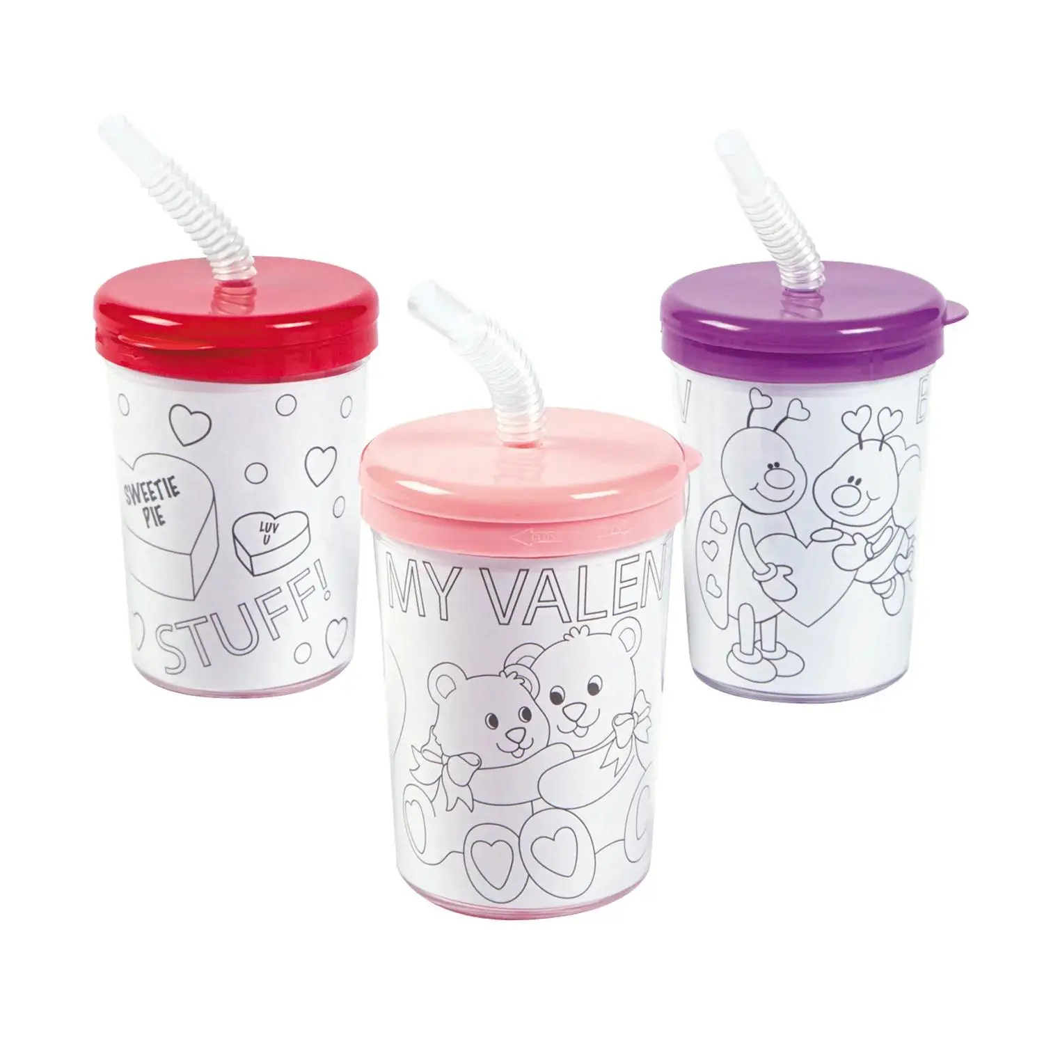 Kids' Custom Color-Your-Own Valentine BPA-Free Plastic Cups - 12 Ct, 4" 6 oz, with Lids & Straws, Art Craft for 3 & Up, Colorful