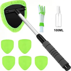 Car Windshield Cleaning Kit, Car Detailing Supplies, 9pcs Window Cleaner Set with Extendable Handle, 6 Reusable Microfiber Pads, Vent Brush, 100ML Spray Bottle