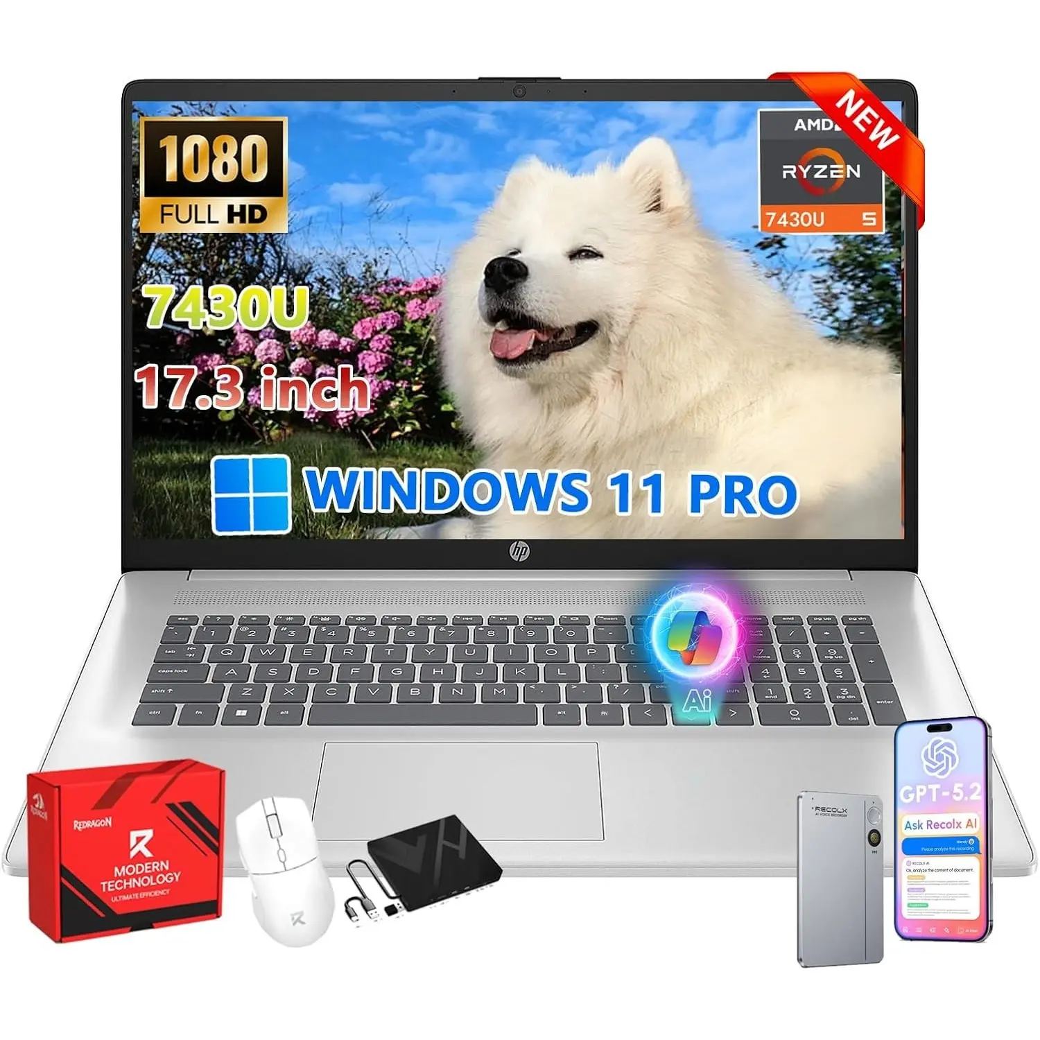 HP 17 inch FHD Student Business Laptop, 8GB/16GB/32GB/64GB RAM 512GB/1TB/2TB SSD, AMD Ryzen 5 7430U, Windows 11 Pro, 17.3" FHD IPS, Copilot AI, Numeric Keyboard, Type-c, w/Accessories