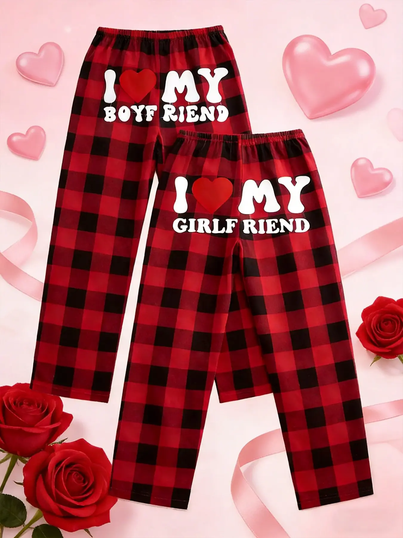 Couple Plaid Heart Print Sleep Pants, Pajamas for Adults, Loungewear, Nightwear, Loose Straight Fit, Unisex Matching Design, Casual Home Wear, Plaid Lounge Bottoms, All Seasons Pajamas, Valentine's Day Gift
