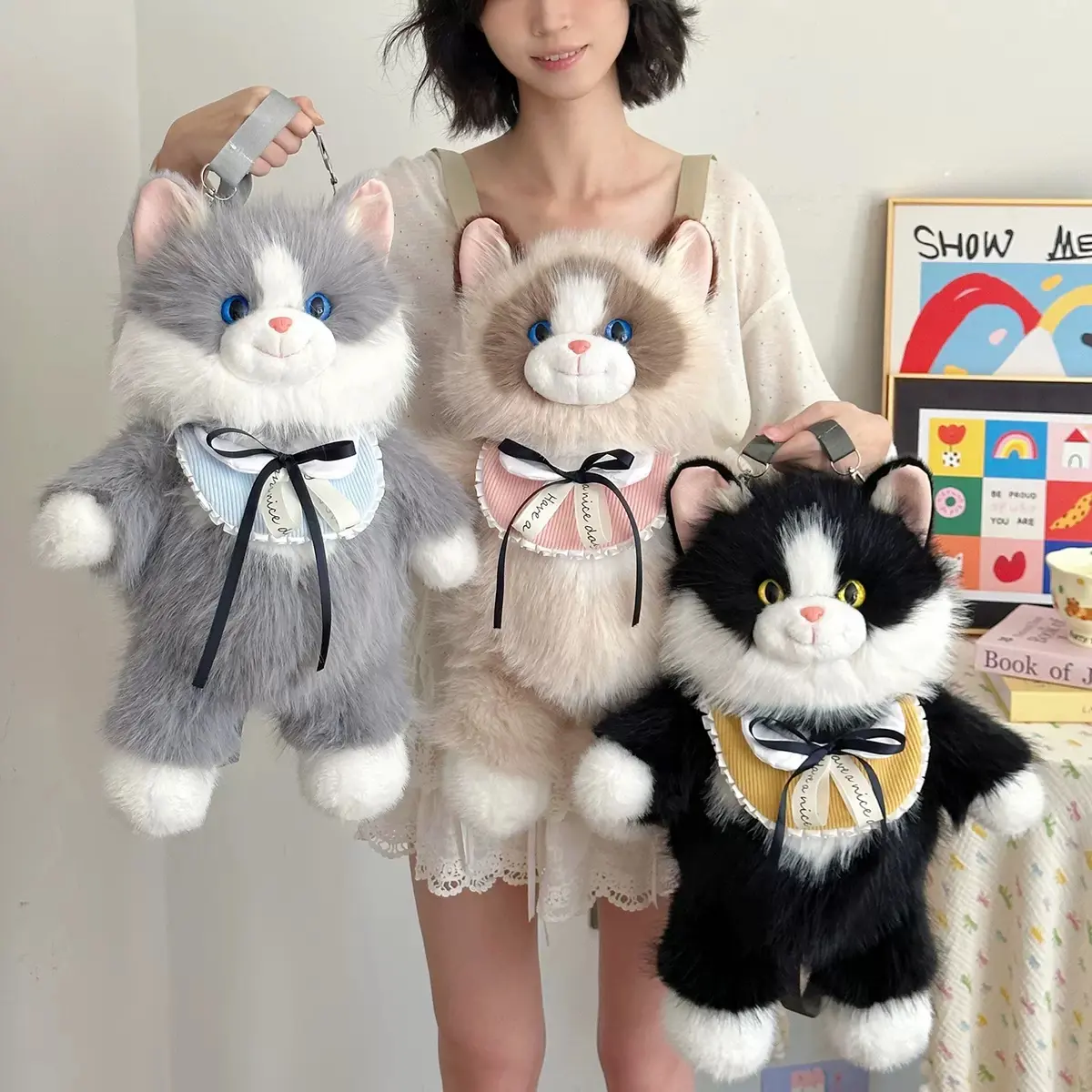 Fluffy Cat Backpack for Women, Cute Plush Kitty Bag with Bow Detail, Kawaii Animal Fashion Backpack in Gray, Cream and Black