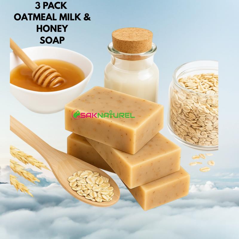 (3 PACK)OATMEAL MILK HONEY SOAP Sensitive skin Soap  Soothing Soap- All Natural Skincare for Daily Use,  Body acne dark spot remover, Bar soap for Eczema, Psoriasis, Face, Body, Men Women Teens with Oily Skin