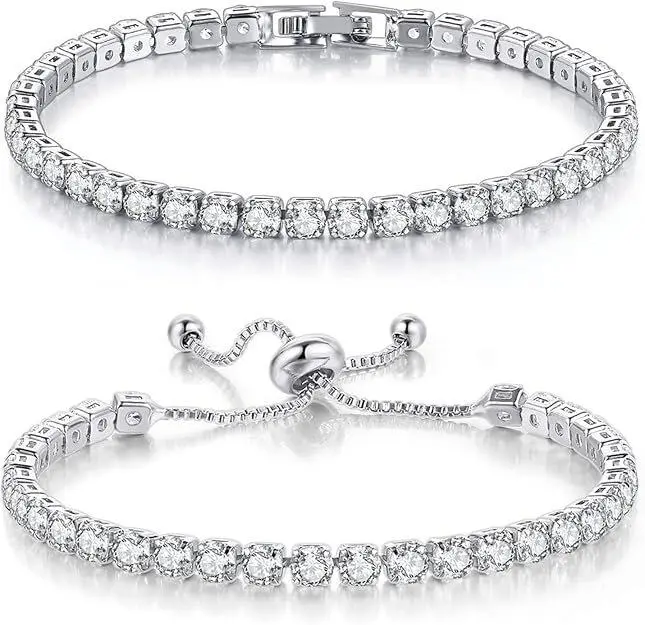 Classic Tennis Bracelet 2 Piece Sets for Women, 2pcs Elegant Hypoallergenic Jewelry with Faceted Stones and Adjustable Clasps for Everyday Wear, Cubic Zirconia, Slider/Box, Box Clasp