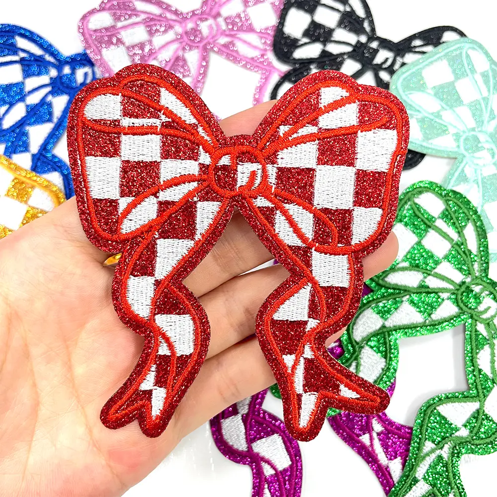 CY 8pcs Classic Embroidery Glitter Checkerboard Bow Iron-On Patches, Embroidered Applique for Trucker Hats, Clothes, DIY Decoration, Red