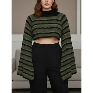 【 Plus Size 】 Striped printed wave sleeve crop top sweater, autumn and winter casual long sleeved stand up collar jumper, daily wear women's Plus clothingRAIMENTRY