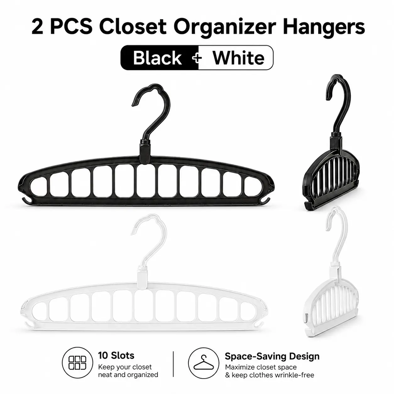 2-Pack Space-Saving Hangers, 11-Hole Anti-Slip Closet Organizer with 360° Rotating Hook, Vertical & Horizontal Rack for Apartments & Dorms