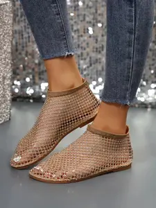 Women's Flat Sandals Large Size Hollow Out Fishnet Rhinestone Sandals New Breathable Embellished Light Weight Roman Shoes Footwear Fashionable Breathable Sandals
