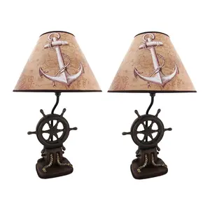 Set of 2 Ship Wheel Lamps - 19in Nautical Resin w/ Anchor Shades for Coastal Nights