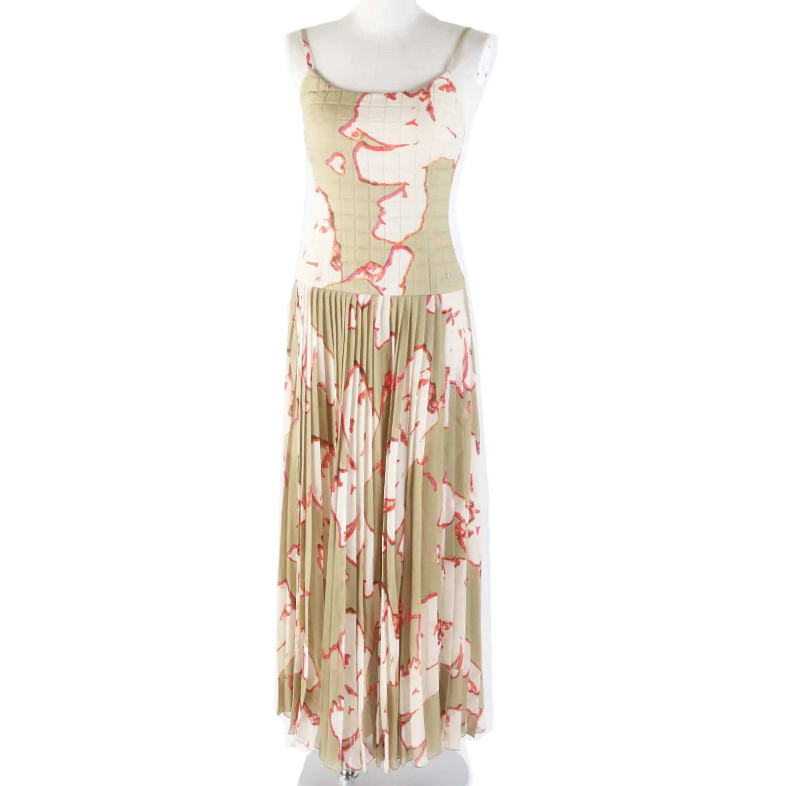Pre-owned CHANEL Silk Small Leather Goods Pleated Cami Dress Khaki Beige 36