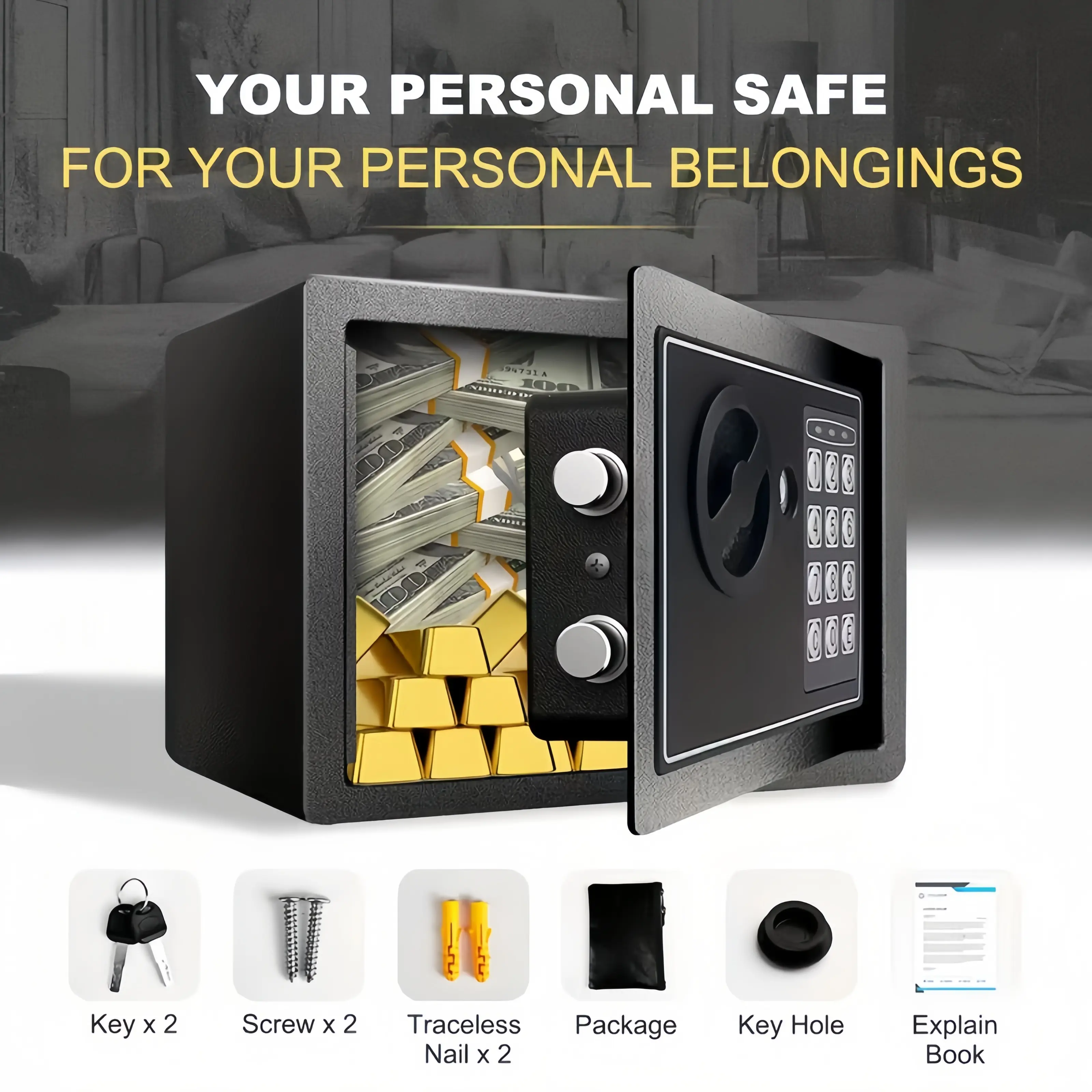 Heavy-duty steel safes, home security safes, equipped with combination locks and key locks, suitable for storing cash, documents, and valuables