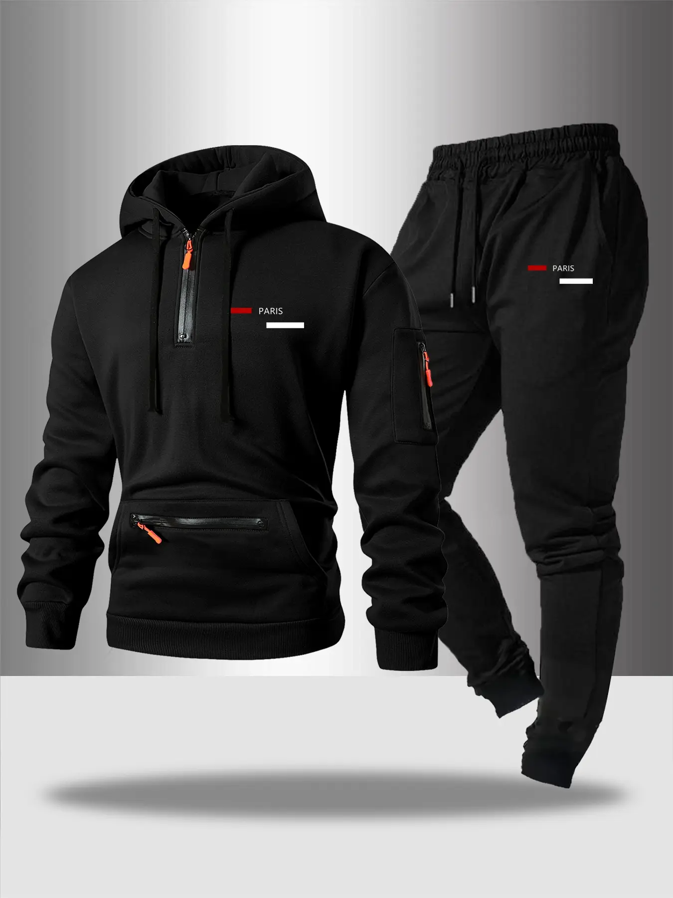 Men's Hooded Sweatshirt Set with Half-Zipper Design, Paris Letter Print, Casual Fitted Thick Fabric, Fall & Winter Streetwear