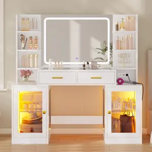 ADORNEVE Makeup Vanity Desk with LED Mirror, RGB Cabinets, 2 Glass-Top Drawers and Power Outlet, for Teen Girls and Women