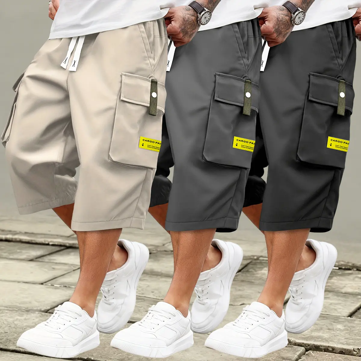 Men's Plain Cargo Capris - Activewear 3/4 Length Trousers with Multipockets, Adjustable Drawstring Waist, Stylish Letter Tag for Casual Athletic Wear