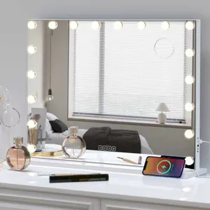 Vanity with Speaker and Lights Bulbs Light Colors Adjustable Brighess USB Charging Port Tabletop or Wall Mountable Beauty Mirror for Bedroom